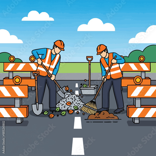 Two road workers in safety vests clearing debris from a closed street using shovels and a rake, with safety barriers.