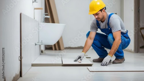 Expert craftsman installer builder worker executes precise domestic interior residential home improvement renovation remodeling tasks, meticulously laying bathroom floor tile with skill