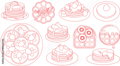 Red Outline Drawing Variety of Pancakes, Waffles with Toppings Such as Berries and Syrup