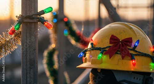 Yellow hard hat decorated with colorful Christmas lights and a red bow, symbolizing holiday spirit in a construction work environment at sunset.
