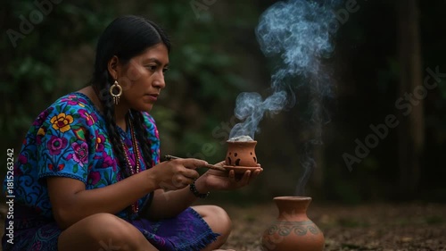 Indigenous Womans Sacred Ritual Spirituality, Tradition, Incense Smoke, Forest Clearing, Peace, Natures Embrace, Ancestral Connection, Mystical Atmosphere, Calm Contemplation, Ancient Practices