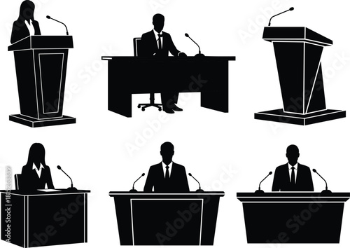 Silhouette speakers at podium and desk with microphones, business conference presentation icons, political debate illustration, professional public speaking design