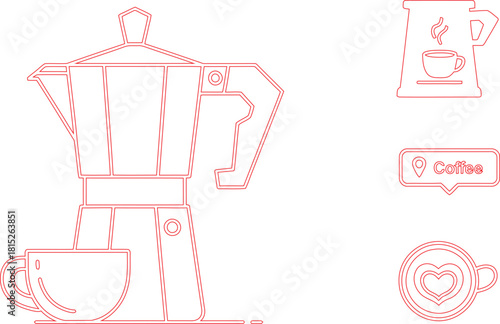 Red Outline Illustration Espresso Maker, Mug, Coffee Cup with Heart, Location Marker