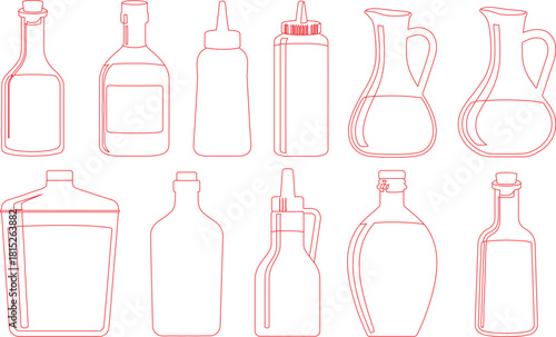 Red Outline Illustration Featuring Ten Distinct Glass Bottles and Pitchers on a White Background