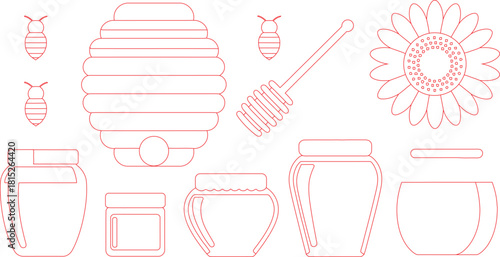 Red Outline Illustration of Bees, Honeycomb, Dipper, Sunflower, and Various Jars on White Background