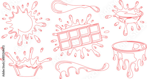 Red Outline Illustration of Chocolate Bar, Splashes, and Dripping Liquid on a White Background