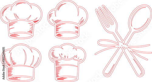 Red Outline Illustration of Four Chef Hats and Cross of Spoon and Fork