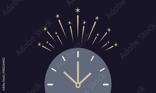 Midnight countdown to a sparkling New Year with festive firework bursts and a celebratory clock