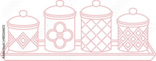 Red Outline Illustration of Four Decorative Canisters with Lids on a Tray Table