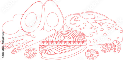 Red Outline Illustration of Keto Diet Food Avocados, Steak, Salmon, Cheese, Asparagus, Walnuts