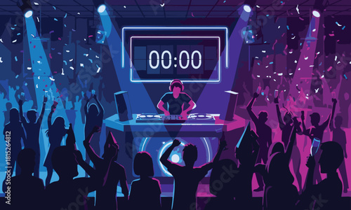 Electric Nightclub Party Scene with DJ, Countdown Timer, and Enthusiastic Revelers