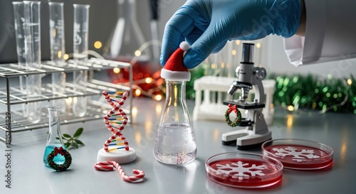 Gloved hand decorating a science lab flask with a Santa hat, surrounded by Christmas-themed scientific equipment, a candy cane DNA model, and festive snowflake petri dishes.