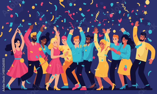 Diverse Group of Joyful People Dancing and Celebrating Under Falling Confetti at a Lively Party