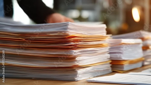 Stacks of papers and folders on a desk, under warm lighting; blurred background, busy office scene