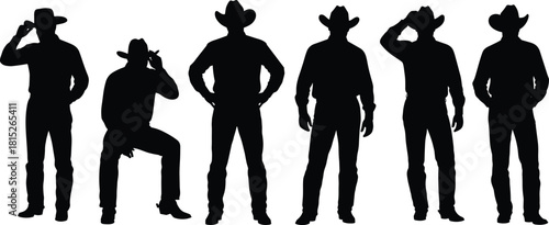 Silhouette illustration of cowboys wearing hats, standing and sitting in various poses, western style characters, ranch cowboy posture collection