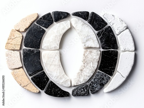 An abstract arrangement of various natural stone pieces, including black, white, and beige, forming an oval shape against a plain white background.