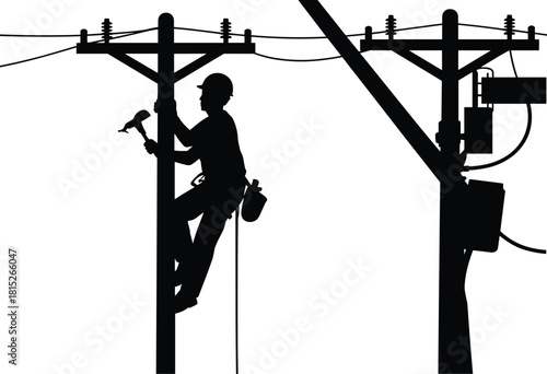 Silhouette of electrical lineman working on utility pole, technician climbing power line post using tools for repair, maintenance, safety and service illustration