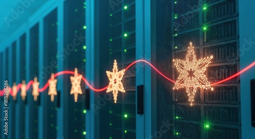 Digital Christmas Celebration in a Modern Data Center with Glowing Circuit Board Snowflakes and Network Connections
