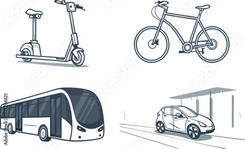 Urban transportation modes illustrated in a clean line art style