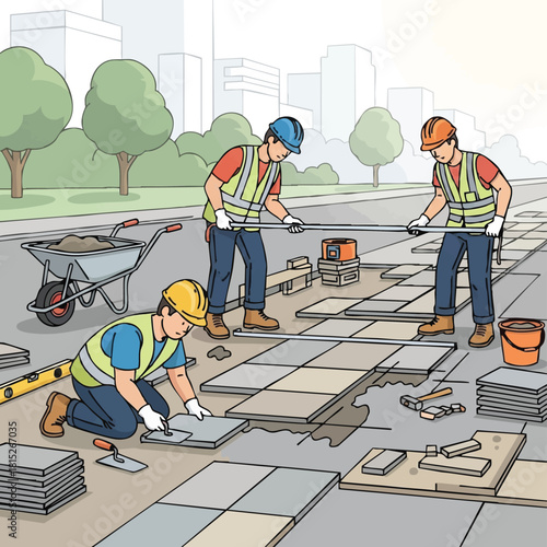 A team of construction workers meticulously laying paving stones on a city street, showcasing urban development and infrastructure improvement.