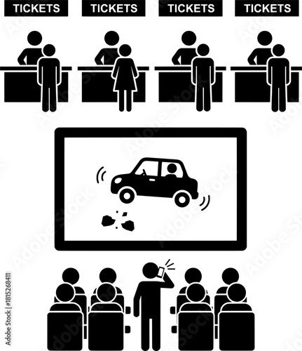 Cinema and Movie Theater Scene Set. Ticket Counter Queue and Audience Watching Action Film with Rude Phone User.