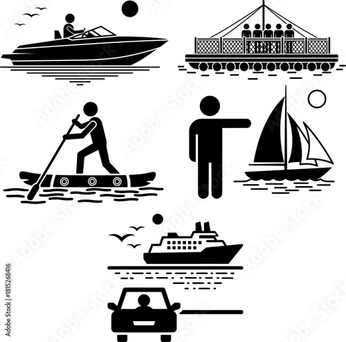 Water Transportation and Recreation Icon Set. Vector Silhouette Collection of Speedboat, Raft, Sailboat, Paddleboard, and Ferry.