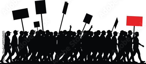 Silhouette crowd marching with protest signs and banners, group demonstration, activism movement, people protesting together in unity on street march