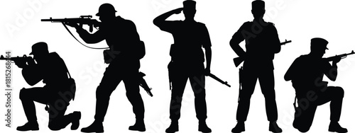 Silhouette group of armed soldiers posing with rifles in action stances, military men aiming, standing, and kneeling for tactical illustration use