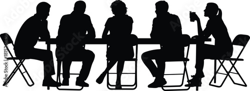 Silhouette group of people sitting at table in discussion, teamwork meeting scene with chairs, social gathering communication illustration concept
