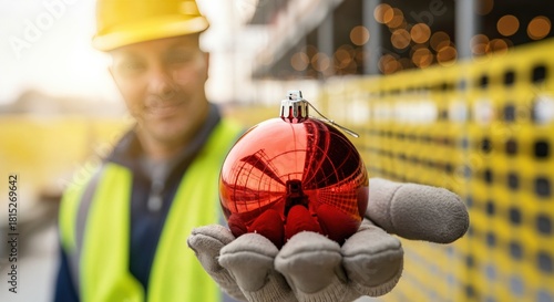 Adult male construction worker in yellow hard hat and safety vest holding a shiny red Christmas bauble at a job site.