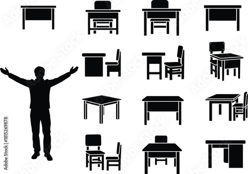 Black silhouette icons of desks, chairs, and human figure for office, classroom, workspace layout, interior design, and vector illustration.Black silhouette icons of 