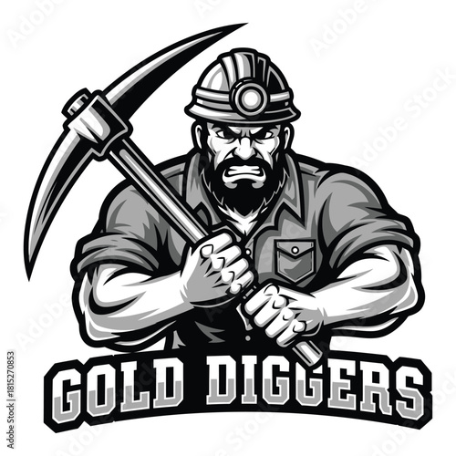 Determined Miner with Pickaxe Illustration in Black and White Graphic