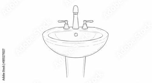 Elegant pedestal sink with faucet and handles for bathroom use.
