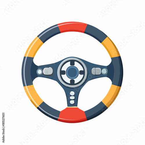 Colorful racing game steering wheel with buttons for a car simulator. Isolated vector icon representing speed, control, and virtual competition