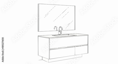 Black and white line drawing of a modern bathroom vanity.