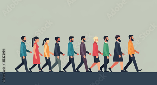 Diverse group of people walking together in a line representing unity and progress.