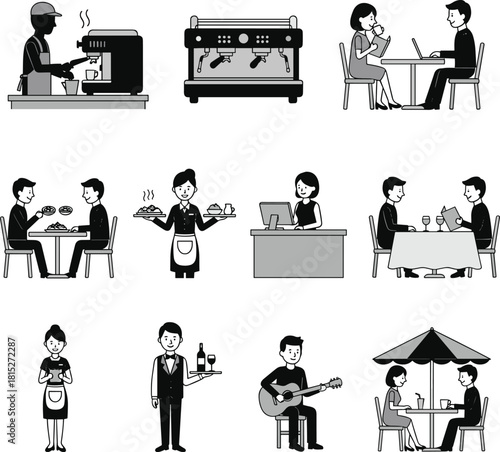 Restaurant and café illustration set showing barista, waiter, customers dining, outdoor seating, service staff, food serving and coffee shop activities