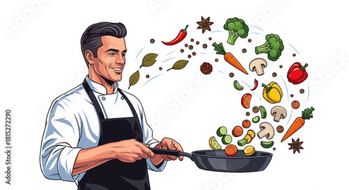 Professional Chef Tossing Fresh Vegetables in Frying Pan
