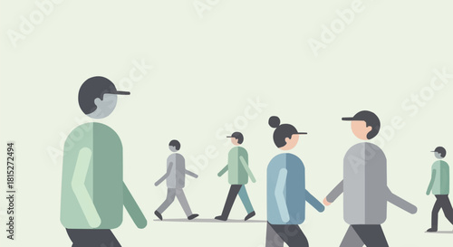 Group of people walking in the same direction, wearing caps.