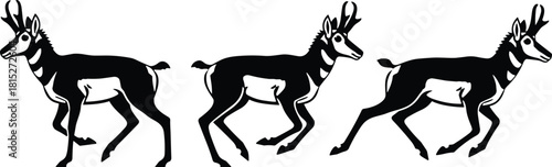 Running antelope silhouette illustration showing three movement poses, wildlife vector art, black and white animal graphic for nature design projects