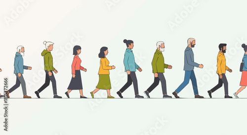 Diverse group of people walking together in a line representing community and unity.