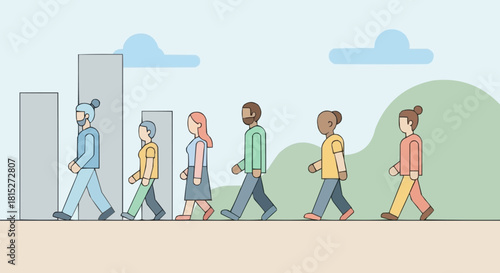 Diverse group of people walking in a line illustration.