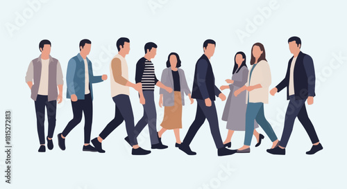 Group of diverse people walking together in a line, casual attire.