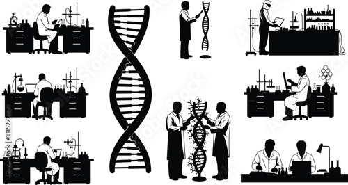 Scientific laboratory researchers analyzing DNA structure, biotechnology experiments, chemistry equipment, genome research teamwork, medical innovation and molecular science illustration for education
