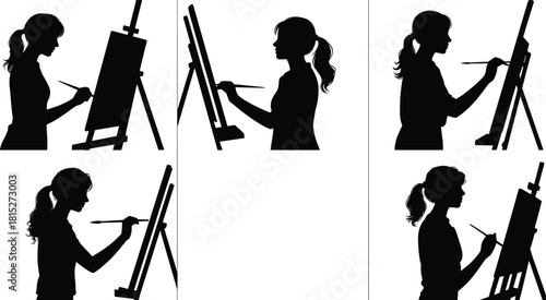 Set of artist silhouettes, woman painting on easel, vector collection of painter icons, isolated graphic elements on white background.