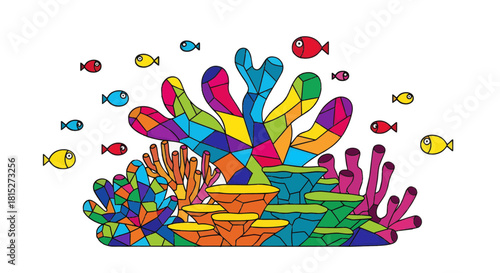 Geometric Stained Glass Mosaic Coral Reef and Tropical Fish