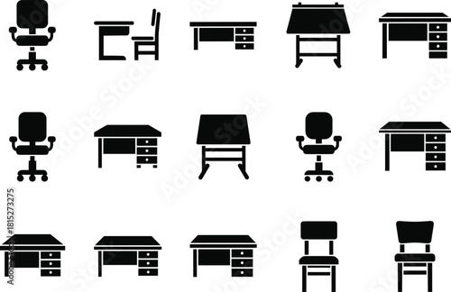 Black silhouette icons of office desks, chairs, and drafting tables in various styles for workspace design, furniture layout, and illustration.
