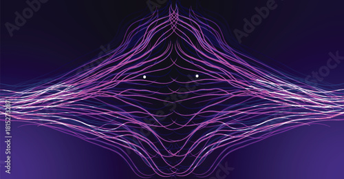 Abstract artwork featuring flowing, interconnected purple lines against a dark background.