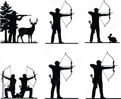 Silhouette hunters and archers aiming bows and rifles, wildlife hunting figures, outdoor shooting sports illustration showing various poses and animals