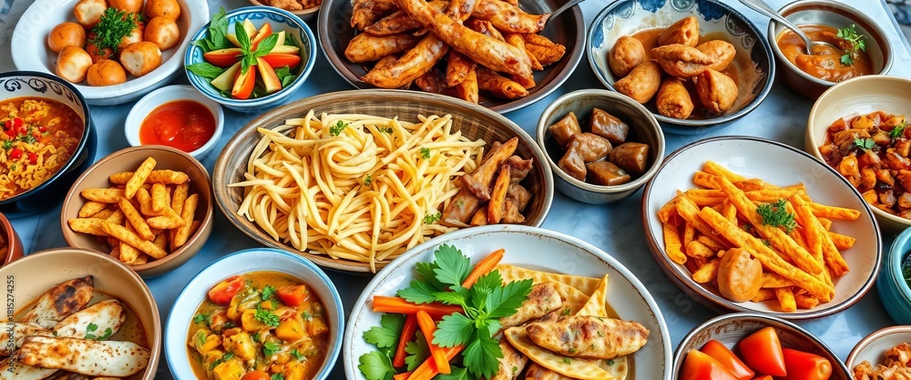 Fototapeta premium Diverse array of culinary delights, showcasing various cuisines and dishes, vibrant, snacks